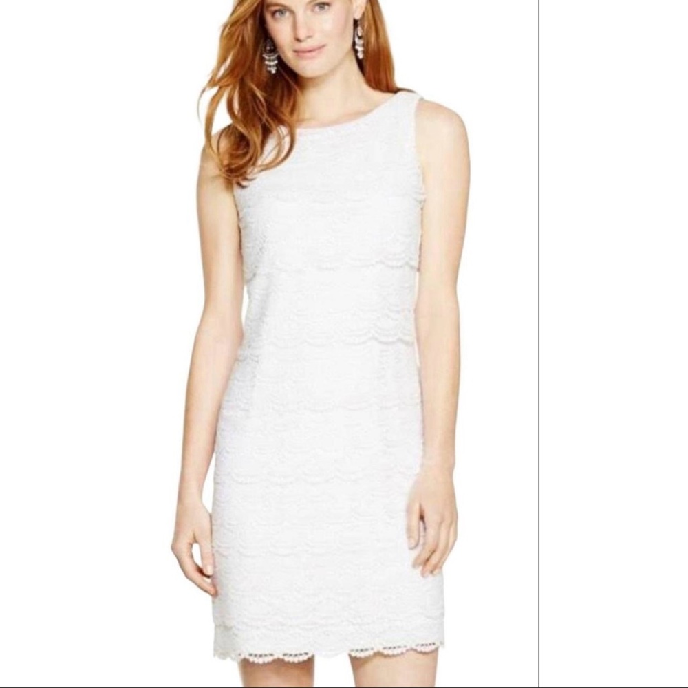 White House Black Market Tiered White Sheath Dress Sz 12